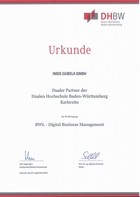 Dual partner certificate for IMOS from DHBW Karlsruhe, Germany