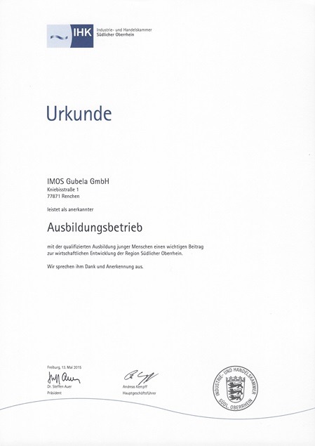 Training company certificate for IMOS from IHK