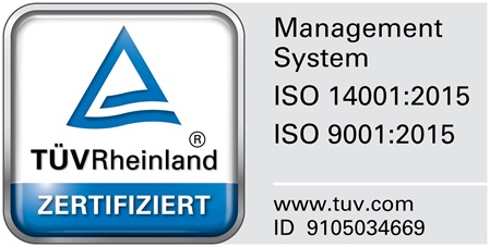 TÜV Rheinland certification for ISO 14001:2015 and ISO 9001:2015